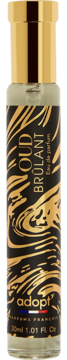 Woda perfumowana adopt' Oud Brulant 30ml, czarna butelka ze złotym ornamentem, pełen pionowy widok.