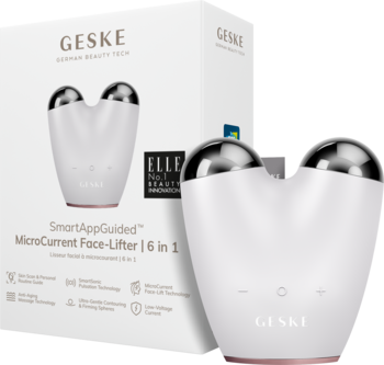 GESKE 6w1 mikroprądowy lifting do twarzy, biały, elegancki kształt z metalicznymi głowicami, na tle opakowania.