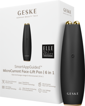 Czarny pen do liftingu Geske SmartAppGuided MicroCurrent 6w1 z złotymi końcówkami, obok białe pudełko.