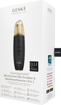 Białe pudełko Geske SmartAppGuided mikroprądowy Skin Scrubber 9w1, czarne urządzenie, widok przód/bok.