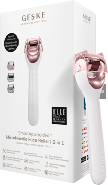 SmartAppGuided MicroNeedle Face Roller Geske 9w1, biało-różowy, obok białego opakowania. Widok z przodu, lekko pod kątem.