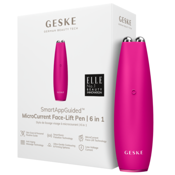 Fuksjowy Geske SmartAppGuided MicroCurrent Face-Lift Pen 6 w 1 przy białym pudełku, widok z przodu.