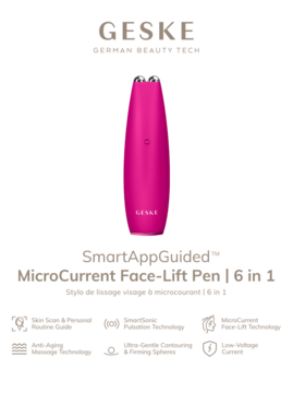 Różowy GESKE SmartAppGuided MicroCurrent Face-Lift Pen, widok z przodu, na białym tle, z logotypem GESKE.