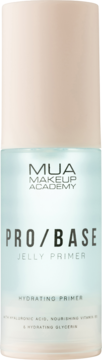 MUA PRO/BASE Jelly Primer, nawilżająca baza z kwasem hialuronowym. Cylindryczna butelka beżowo-niebieska, przód.