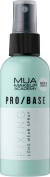 MUA PRO/BASE Fixing Long Wear Spray w miętowo-białej butelce z czarnym atomizerem, widok z przodu.