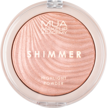 Zamknięty rozświetlacz MUA Shimmer Highlight Powder, ciepły różowo-złoty z perłowym, falistym wzorem.