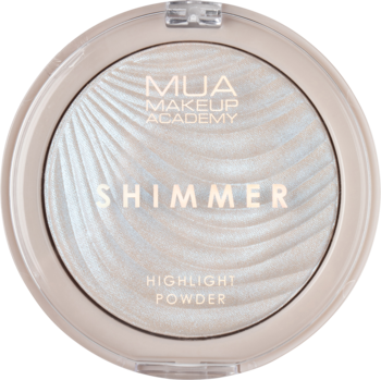 Okrągły rozświetlacz MUA Makeup Academy Shimmer, perłowy, o chłodnym odcieniu, z falistą teksturą.