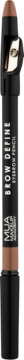 Brązowa kredka do brwi Mua Brow Define Light Brown, pionowo. Z brązową końcówką i wbudowaną temperówką.