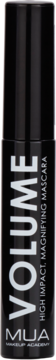 Czarny tusz do rzęs MUA Volume, pionowo, z białym napisem i opisem "High Impact, Magnifying Mascara".