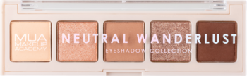 MUA Neutral Wanderlust paleta 5 beżowo-brązowych cieni do powiek o matowym i błyszczącym wykończeniu.