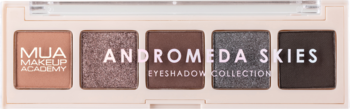 Paleta cieni MUA Andromeda Skies z 5 brązowo-szarymi, matowymi i błyszczącymi cieniami. Otwarta, widok z góry.