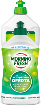 Biały płyn do naczyń Morning Fresh cytrynowy, butelka z zieloną nakrętką, oferta 900+400ml, widok z przodu.
