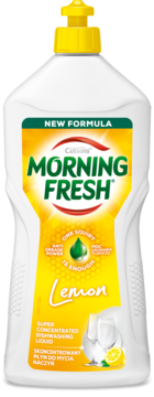 Morning Fresh Lemon super skoncentrowany płyn do naczyń w białej butelce z żółtą zakrętką, widok z przodu.