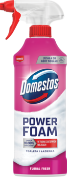 Różowy Domestos Power Foam Floral Fresh, płyn do toalety i łazienki, butelka ze spryskiwaczem, widok z przodu.