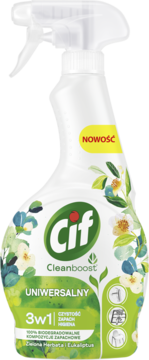 Cif Uniwersalny spray do czyszczenia 3w1 Zielona Herbata i Eukaliptus w białej butelce z zieloną etykietą, widok z przodu.