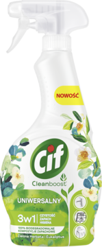 Cif Uniwersalny spray do czyszczenia 3w1 Zielona Herbata i Eukaliptus w białej butelce z zieloną etykietą, widok z przodu.