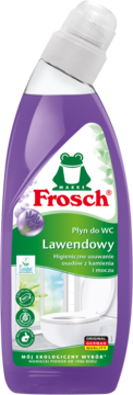Frosch Lawendowy Płyn do WC w fioletowej butelce, widok z przodu, z logo żaby i napisem "Mój ekologiczny wybór".