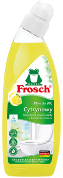 Frosch Płyn do WC Cytrynowy w żółtej butelce z zieloną etykietą, widok z przodu. Usuwa kamień i mocz.