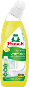 Frosch Cytrynowy Płyn do WC w żółtej butelce z zieloną etykietą i logo żaby, widok z przodu. Usuwa kamień.