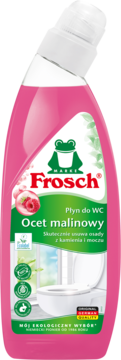 Frosch Płyn do WC z octem malinowym w różowej butelce z białą nakrętką, widok z przodu, usuwa kamień i osady.