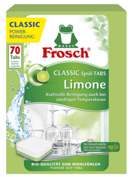 Zielone opakowanie Frosch Classic Limone 70 tabletek do zmywarki, z logo żaby i świeżą limonką, widok z przodu.