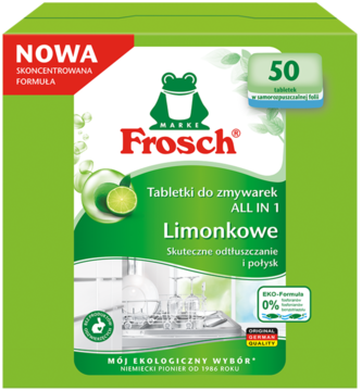 Zielone opakowanie Frosch Tabletki do zmywarek Limonkowe All In 1, 50 szt., z eko-formułą, widok z przodu.