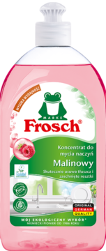 Różowy Frosch Malinowy koncentrat do naczyń w butelce, przód z zieloną etykietą i logo żabki.