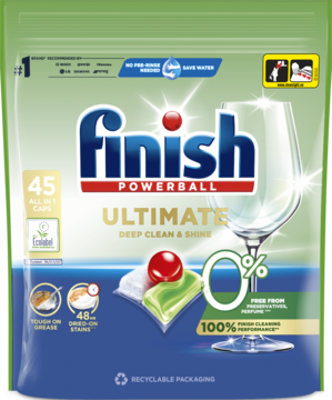 Zielone opakowanie Finish Powerball Ultimate Deep Clean & Shine, 45 tabletek do zmywarki, przód.