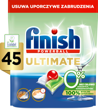 Finish Powerball Ultimate 45 tabletek do zmywarki, niebiesko-zielone opakowanie, 0% konserwantów, widok z przodu.
