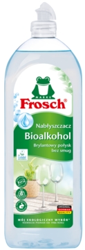 Frosch Bioalkohol Nabłyszczacz do zmywarek, duża butelka z zieloną etykietą i logo żaby, widok z przodu.