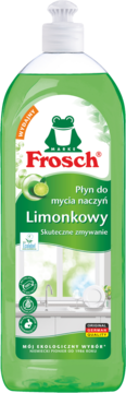 Zielony płyn do naczyń Frosch Limonkowy w butelce, widok z przodu, z logo żabki i napisem 'Skuteczne zmywanie'.