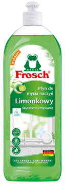 Frosch Limonkowy ekologiczny płyn do naczyń w zielonej butelce z białą nakrętką, widok z przodu.