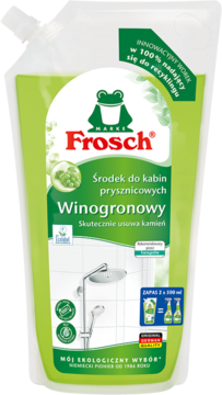 Frosch winogronowy płyn do kabin prysznicowych, zielona ekologiczna saszetka na kamień, widok z przodu.