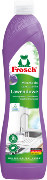 Frosch Lawendowe mleczko do czyszczenia kuchni i łazienki, fioletowa butelka, widok z przodu, z lawendą.