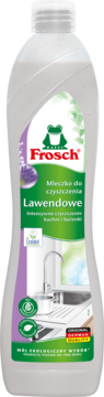 Frosch Lawendowe mleczko czyszczące do kuchni i łazienki, butelka z fioletowo-zieloną etykietą, widok z przodu.
