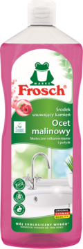 Różowa butelka Frosch Ocet Malinowy, środek odkamieniający, widok z przodu, logo żaby i maliny.