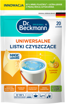Biała saszetka Dr. Beckmann Uniwersalne Listki Czyszczące, 20 sztuk, zapach Summer Lemon, z rysunkiem wiaderka.