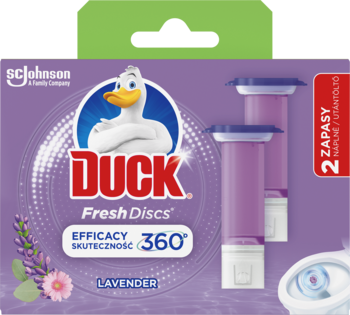 Fioletowe opakowanie Duck Fresh Discs, lawendowe żelowe krążki, 2 zapasy, widok z przodu.