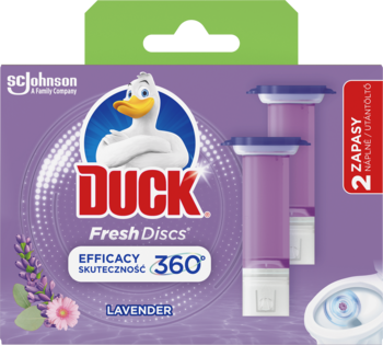 Fioletowe opakowanie Duck Fresh Discs, lawendowe żelowe krążki, 2 zapasy, widok z przodu.