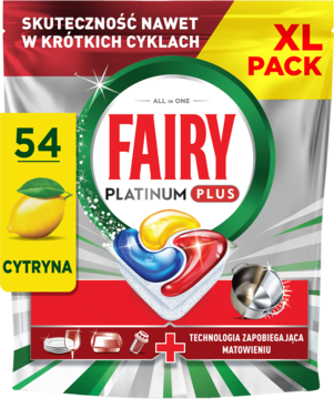 Fairy Platinum Plus Lemon, 54 kapsułki XL, z cytryną i widocznymi tabletkami, efektywne w krótkich cyklach.