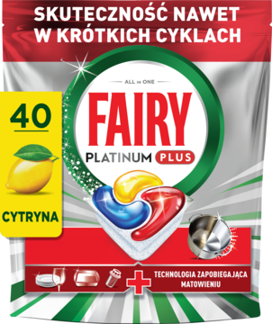 Fairy Platinum Plus Lemon 40 kapsułek do zmywarki, opakowanie front, cytrynowy zapach, skuteczne w krótkich cyklach.