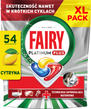 Fairy Platinum Plus Lemon, 54 kapsułki do zmywarki XL PACK, front srebrno-białego opakowania z cytryną.