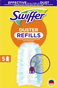 Żółte opakowanie Swiffer Duster Refills z 5 szt. miotełek, widok z przodu, magnes przyciąga kurz.