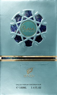 Front perfum Afnan Rare Tiffany w jasnoniebieskim pudełku z wytłoczeniami i okrągłym, złotym logotypem.