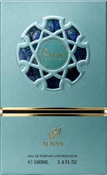 Front pudełka perfum Afnan Rare Tiffany 100ml. Turkusowe, ze złotym paskiem i ozdobnym, okrągłym wzorem.