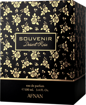 Pudełko perfum Souvenir Desert Rose Afnan, czarne ze złotymi różami, widok pod kątem z przodu i boku.