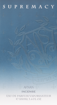 Afnan Supremacy Incense, męska woda perfumowana, niebieskie pudełko z wytłoczonym herbem i logo marki.