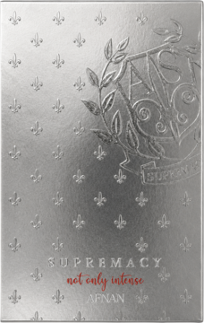 Srebrny ekstrakt perfum Supremacy Not Only Intense Afnan, opakowanie z wzorem fleur-de-lis i herbem.
