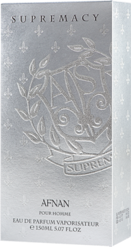 Afnan Supremacy Silver, perfumy męskie 150ml, srebrne opakowanie z wytłoczonym wzorem, widok z przodu.