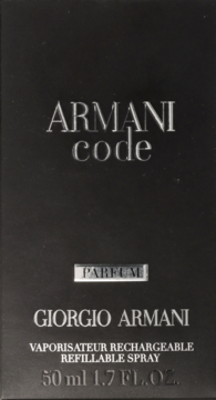 Czarne, prostokątne opakowanie perfum męskich Armani Code Parfum, widok z przodu, srebrne napisy.